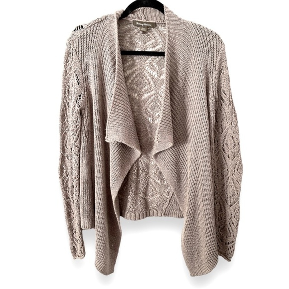 Tommy Bahama Open Knit Crochet‎ Back Cotton Blend Tan Cardigan Sweater